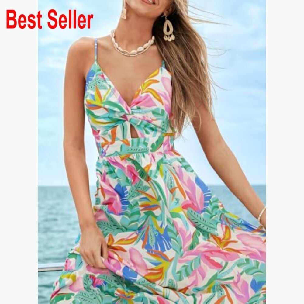 Maxi Dress with V-Neck, Sleeveless, Self Tie Back, 100% Rayon - Picture 6 of 6